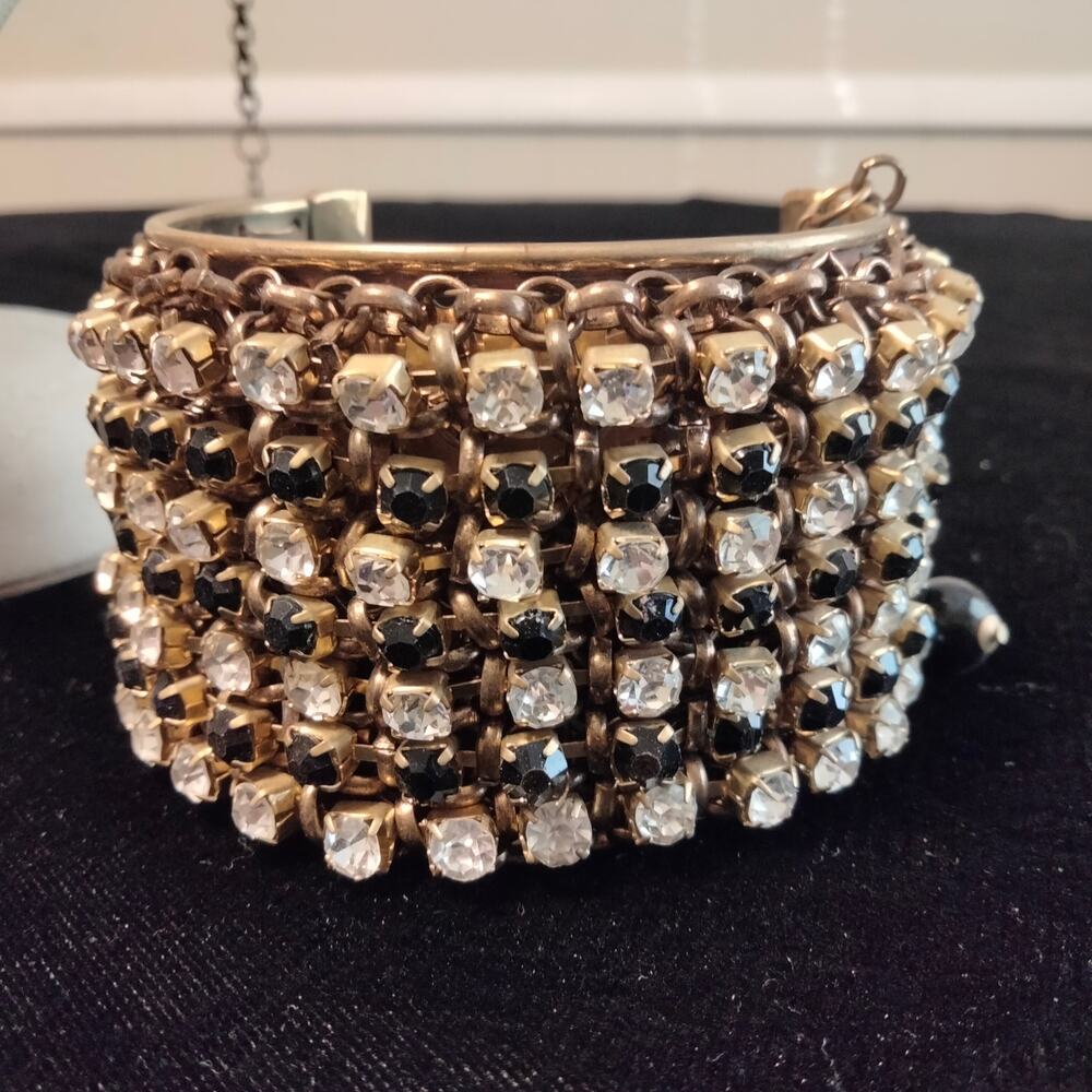 Iris Apfel & Bajalia Black & Clear Rhinestone Gold Toned Cuff Bracelet